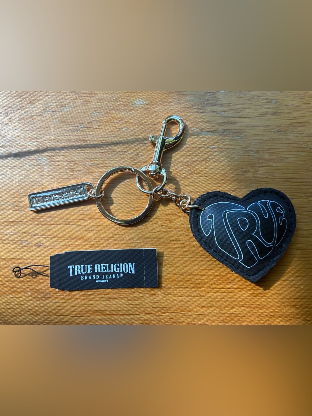 True Religion Black Heart Key Ring with Gold-tone Hardware NEW!